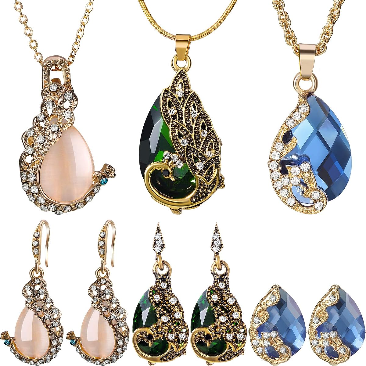 3 Set Peacock Jewelry Sets for Women Vintage Crystal Necklace Earring Waterdrop Rhinestone Pendant Indian Jewelry Set Gifts for Valentine's Day Mother's Day Christmas Wedding Lover Ladies