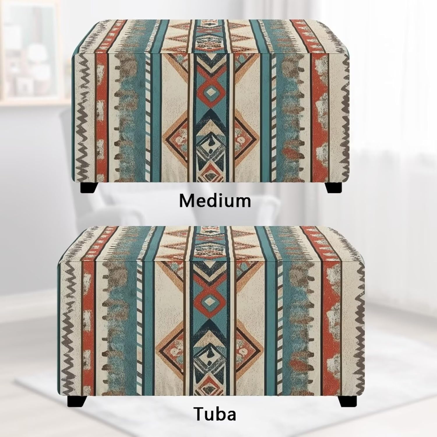 Western Aztec Native Stretch Ottoman Cover Dustproof Ottoman Slipcovers for Foot Stool with Nonslip Elastic Bottom Tribal Geometric Decor 30” x24”x15”