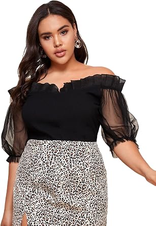 Plus Size Off Shoulder Sheer Mesh Puff 