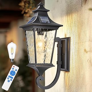 Emliviar Solar Wall Lantern Outdoor, Waterproof Outdoor Sconce Light, Dusk to Dawn LED Exterior Wall Lighting with Water Ripple Glass, Black Finish, 500181-SL SW BK