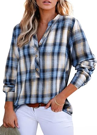 Astylish Womens 2026 V Neck Plaid Flannel Shirts Button Down Blouses