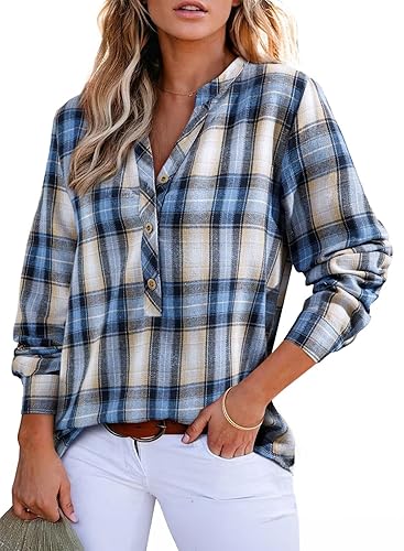 Astylish Women's V Neck Plaid Shirts Flannel Casual Blouses Button-Down