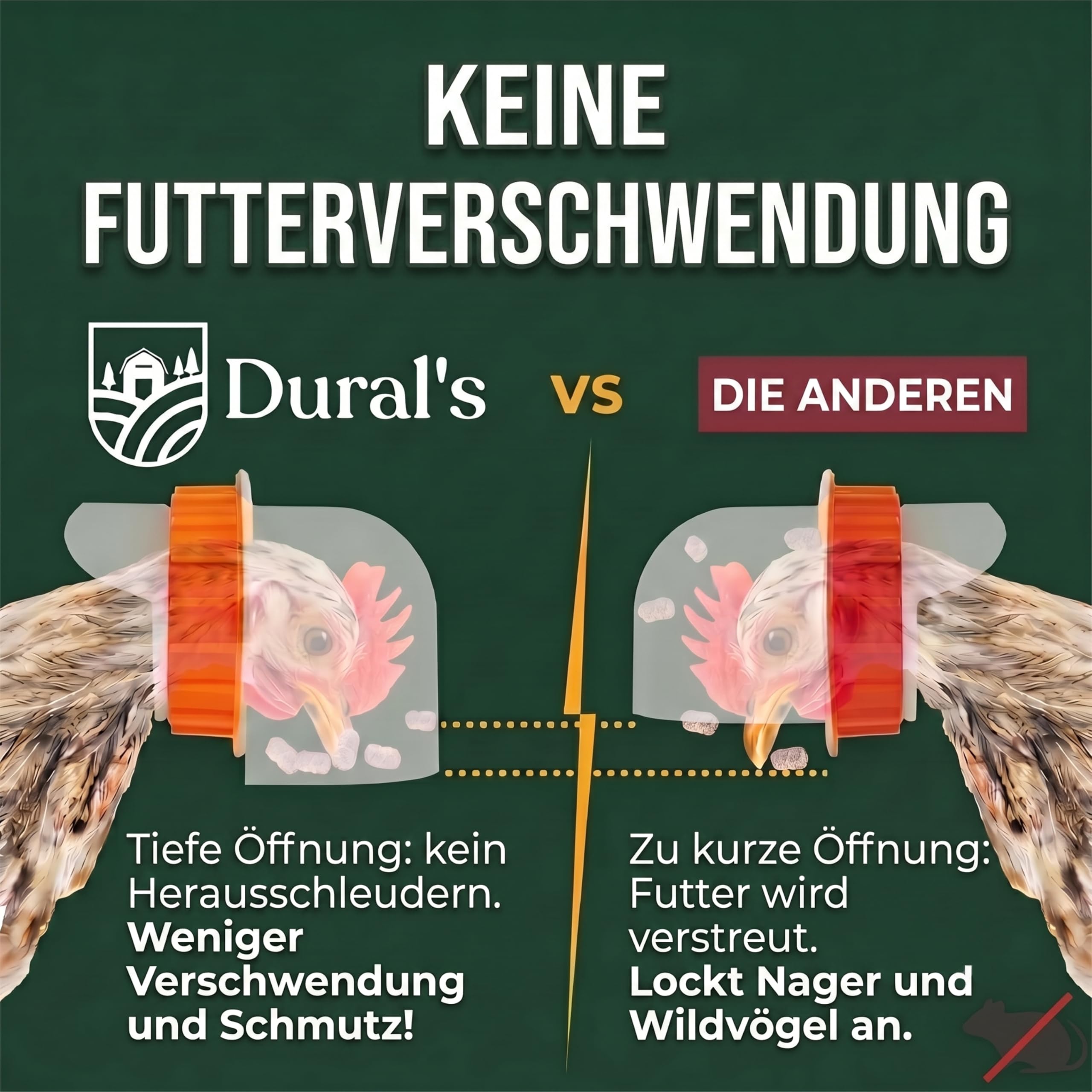 Dural's® Futterautomat Hühner Rattensicher 18 kg – Großer Hühner Futterspender & Futtertrog aus verzinktem Stahl, 6 Futteröffnungen & Füllstandsfenster – Geflügel, höhenverstellbare Beine