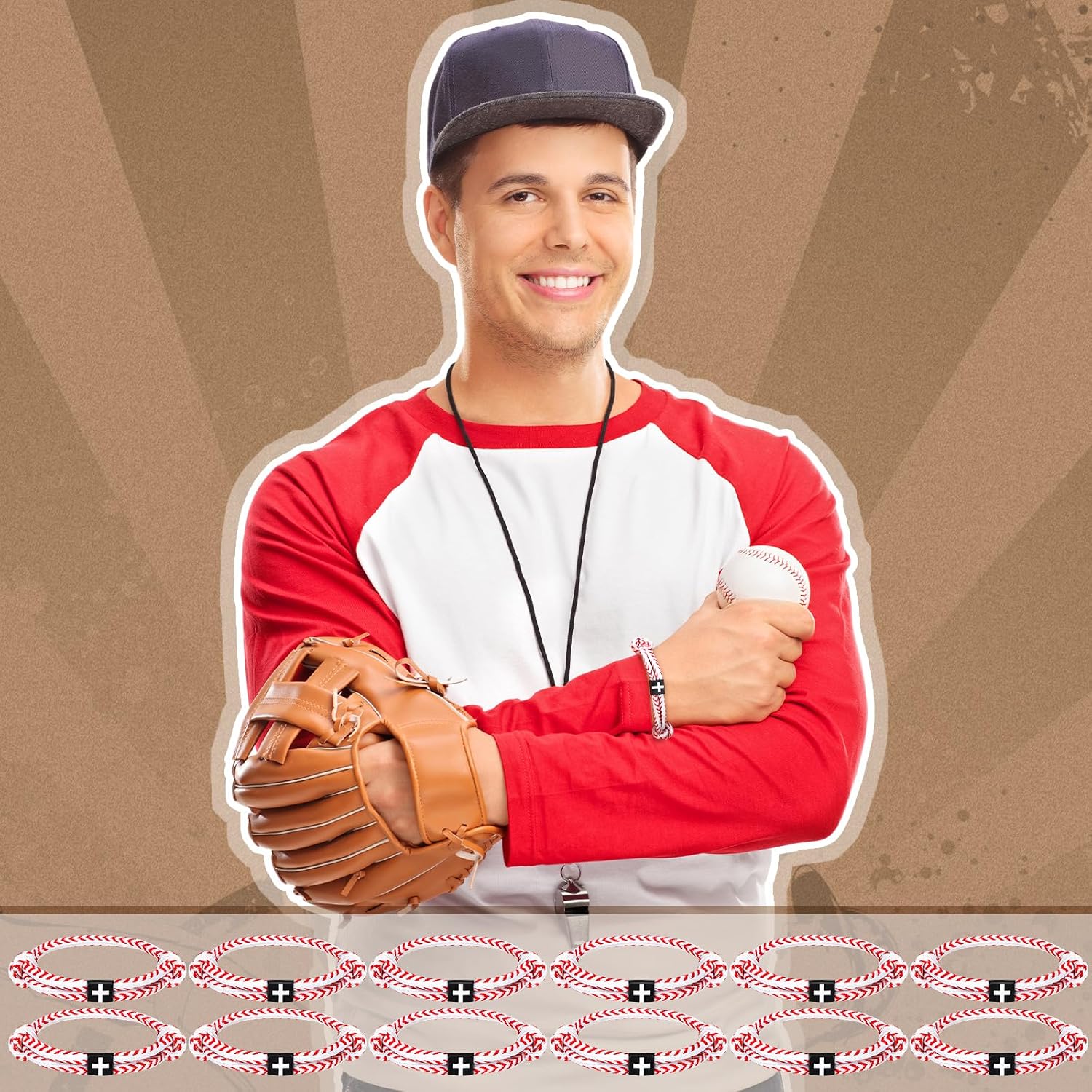 Tondiamo 12 Set Football Basketball Softball Baseball Volleyball Team Gifts Braided Christian Cross Bracelet for Men Women