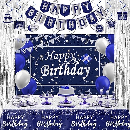 Decoraciones de cumpleaños azules y plateadas para hombres y niños, decoraciones de feliz cumpleaños para mujeres, decoración de fiesta de