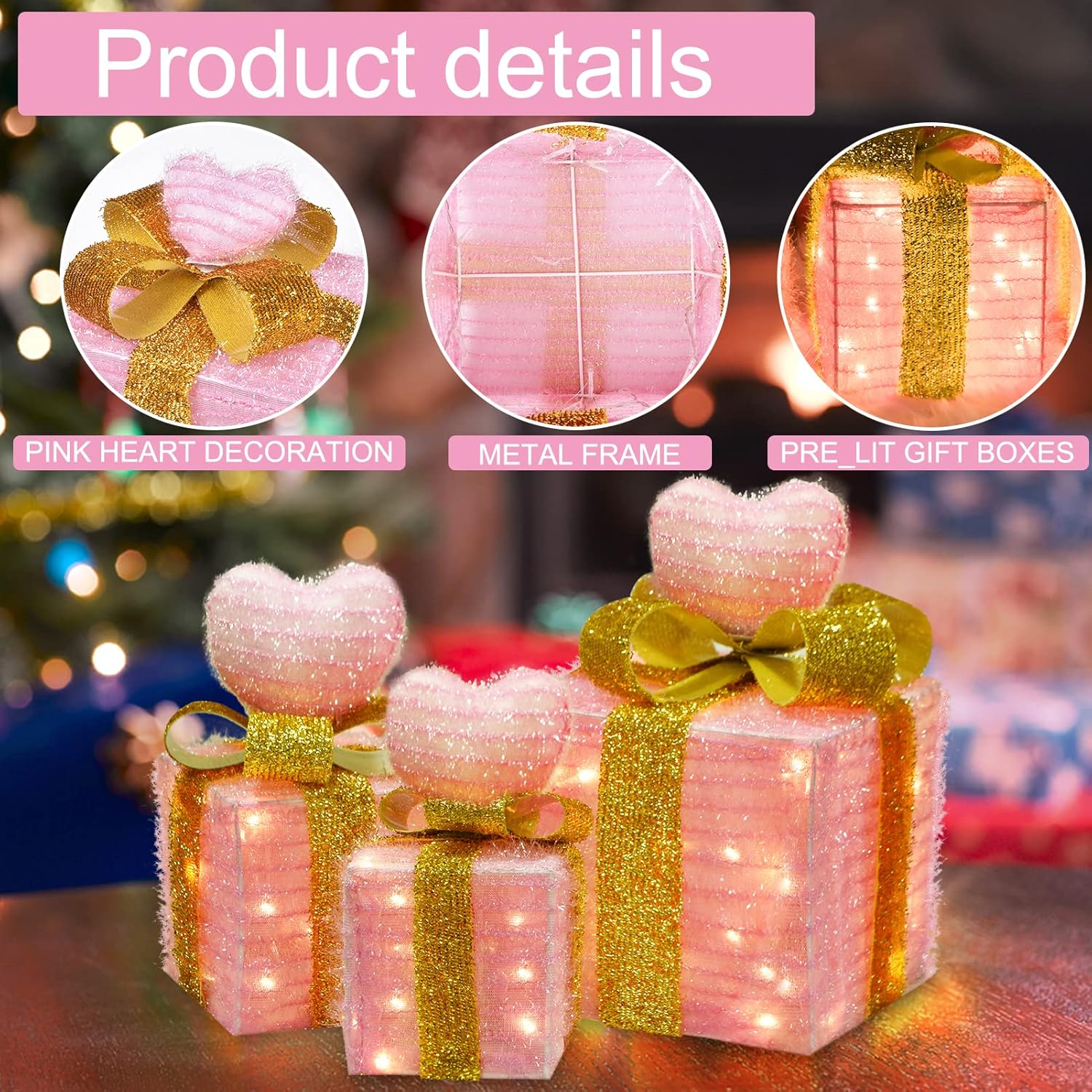 Pink Christmas Decor Light up Gift Boxes with Heart, Light up Xmas Boxes with Battery Operated for Wedding Christmas Valentine's Day Decorations Indoor and Outdoor (3 Pack) (Pink Heart)