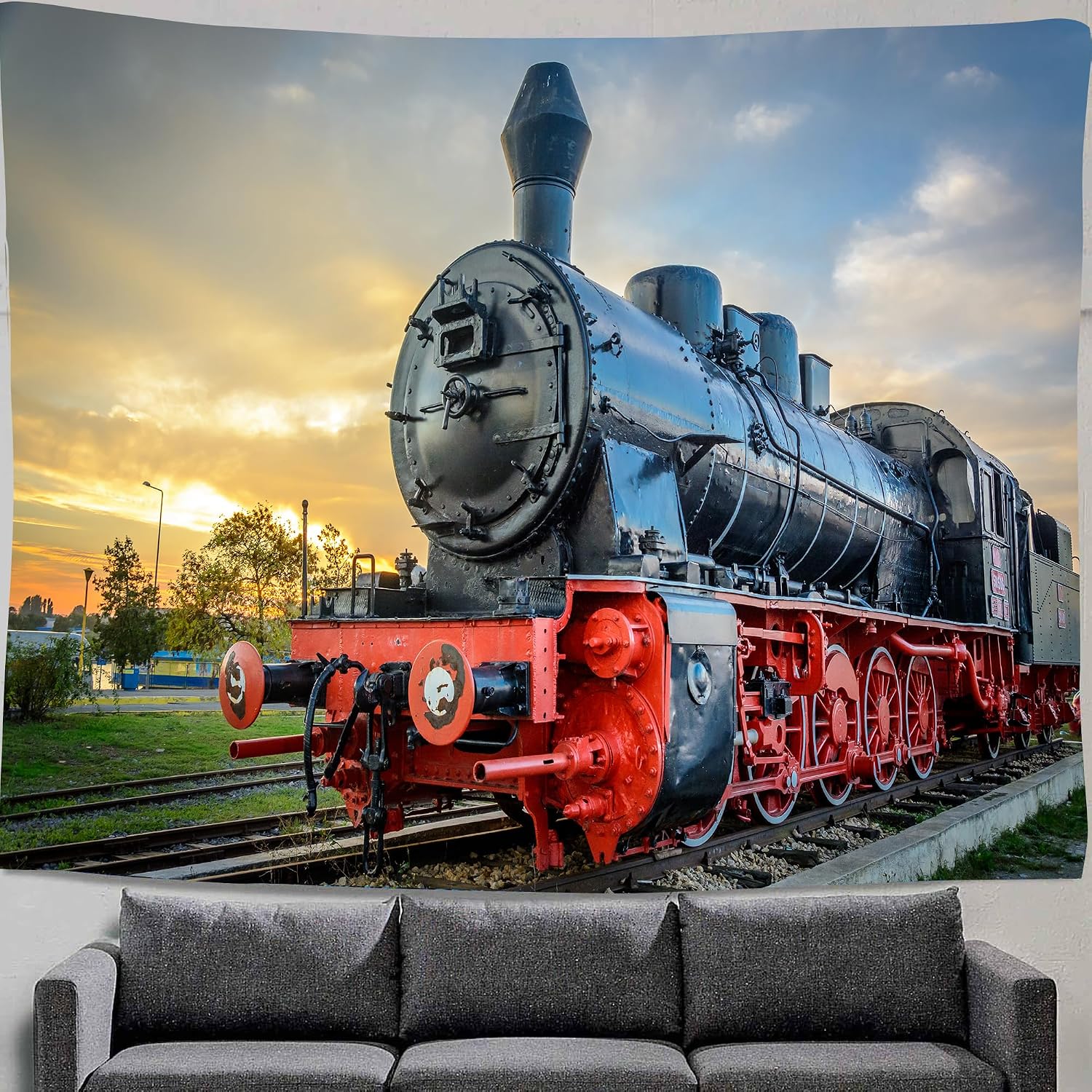 DYNH Steam Train Tapestry, Old Engine Train on Railroad Track Tapestries,Natural Scenery Sunset Sunrise Wall Hanging Home for Bedroom Living Room Dorm,60X40 Inches