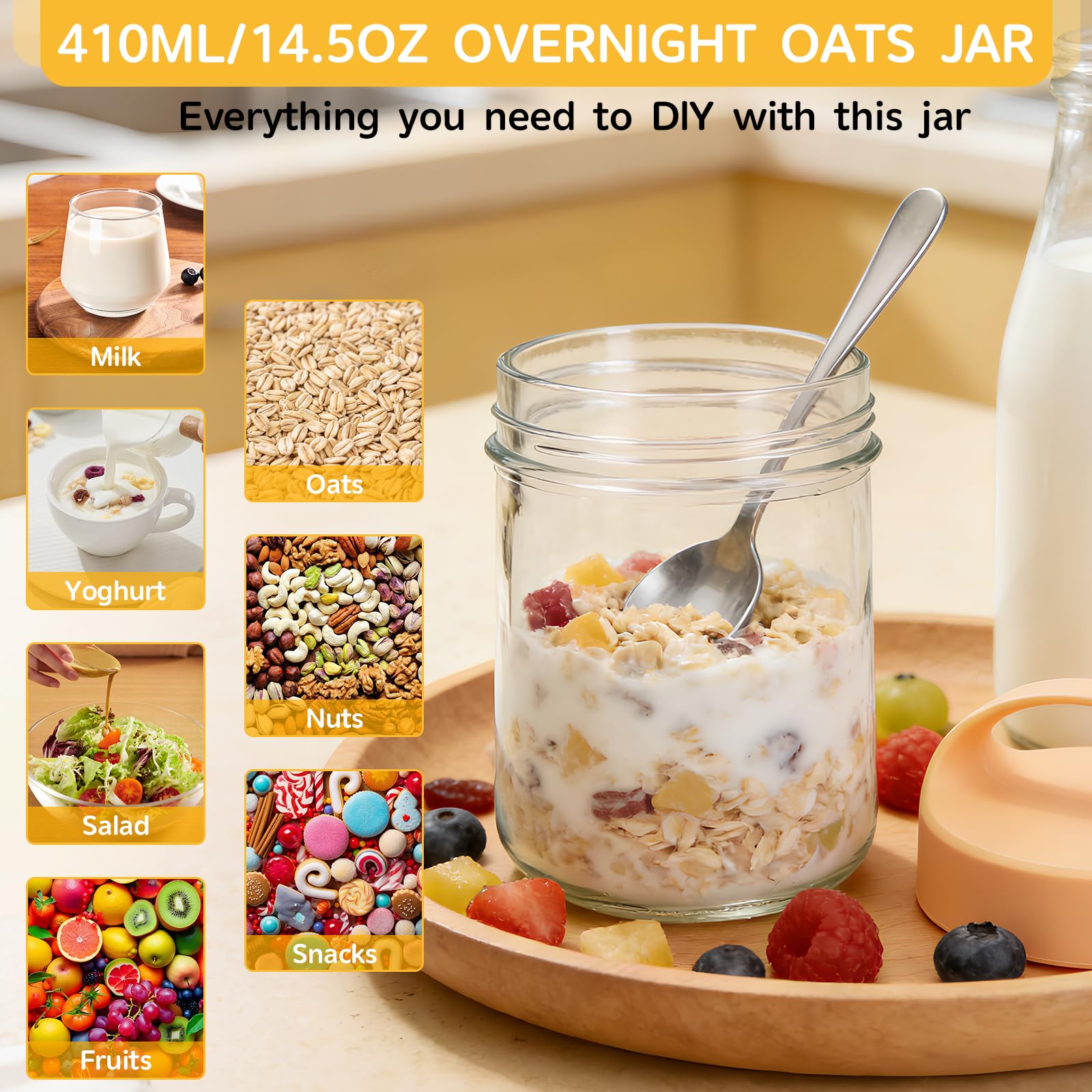 Overnight Oats słoiki z pokrywką i łyżeczką, 410 ml, z zakręcaną pokrywką, szczelne słoiki na przetwory śniadaniowe, sałatki, musli, mleko, kaszki i owoce, 4 sztuki