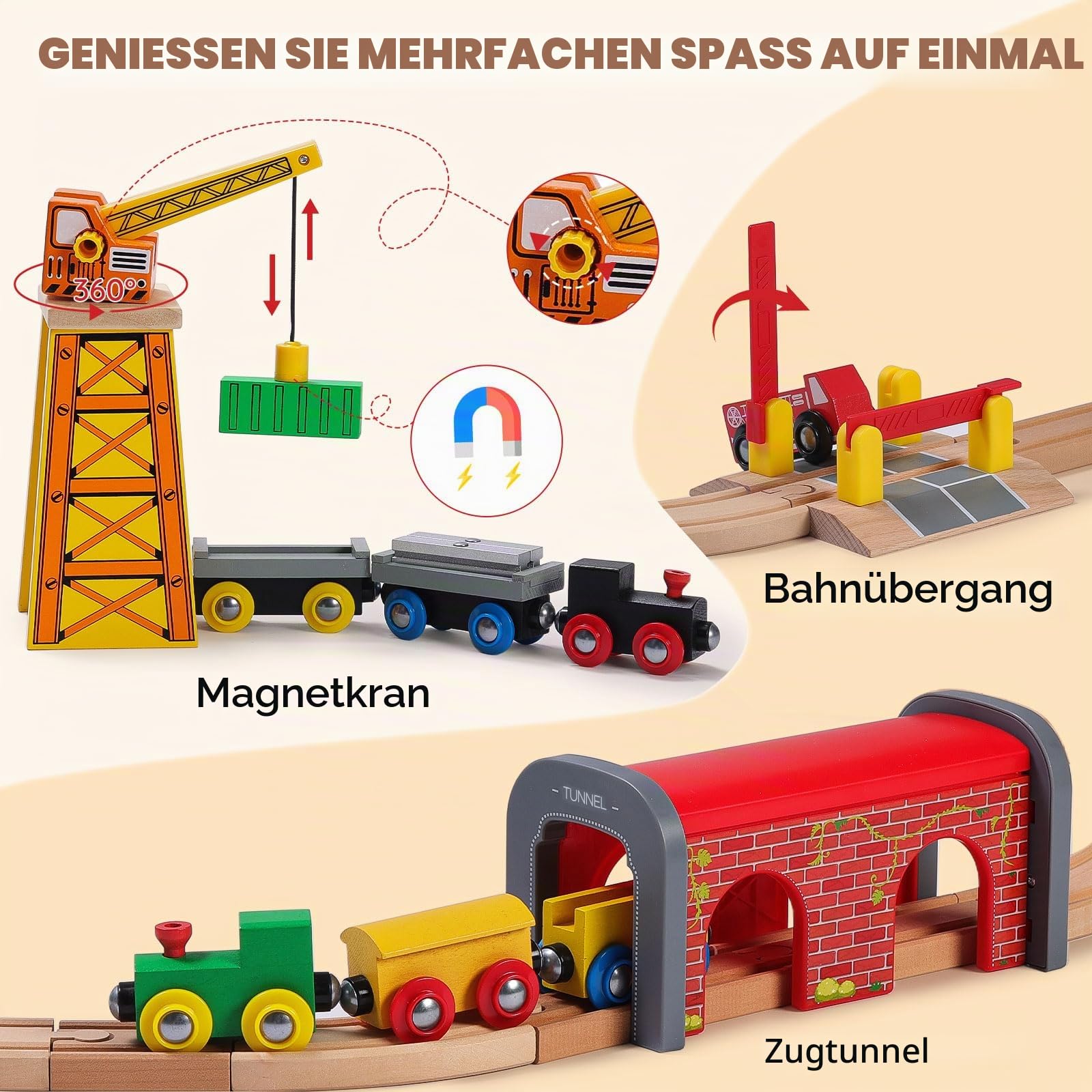 SainSmart Jr. Holzeisenbahn Set 112 Teile, Großes City Zugset mit Brücke, Tunnel, Kompatibel mit Brio, Thomas & Melissa & Doug, Geschenk für Kinder ab 3 Jahren