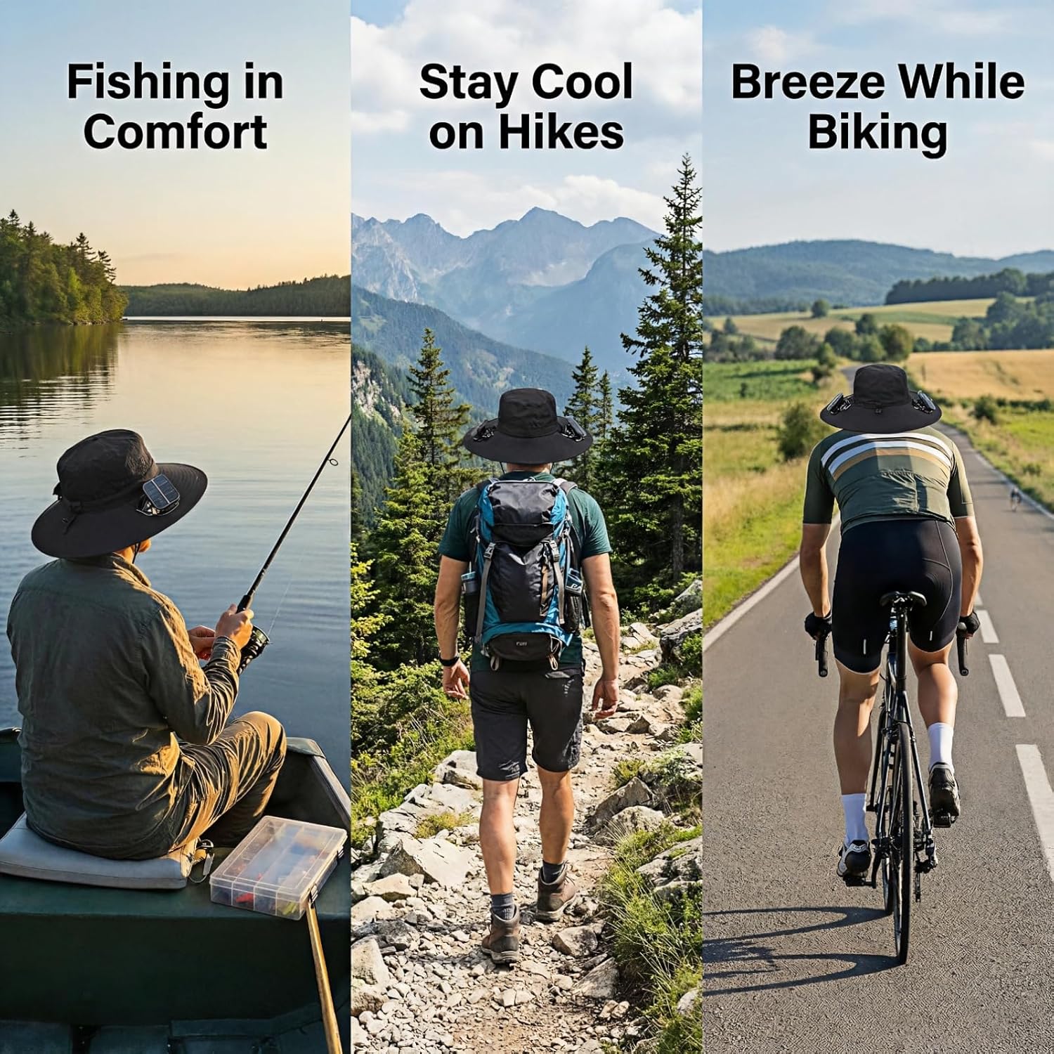 Solar Fan Hat with Dual Fans – Solar Powered Wide Brim Hat with Removable Fans for Outdoor Activities | USB & Solar Charging | Ideal for Fishing, Hiking, Gardening, and Outdoor Sports Black