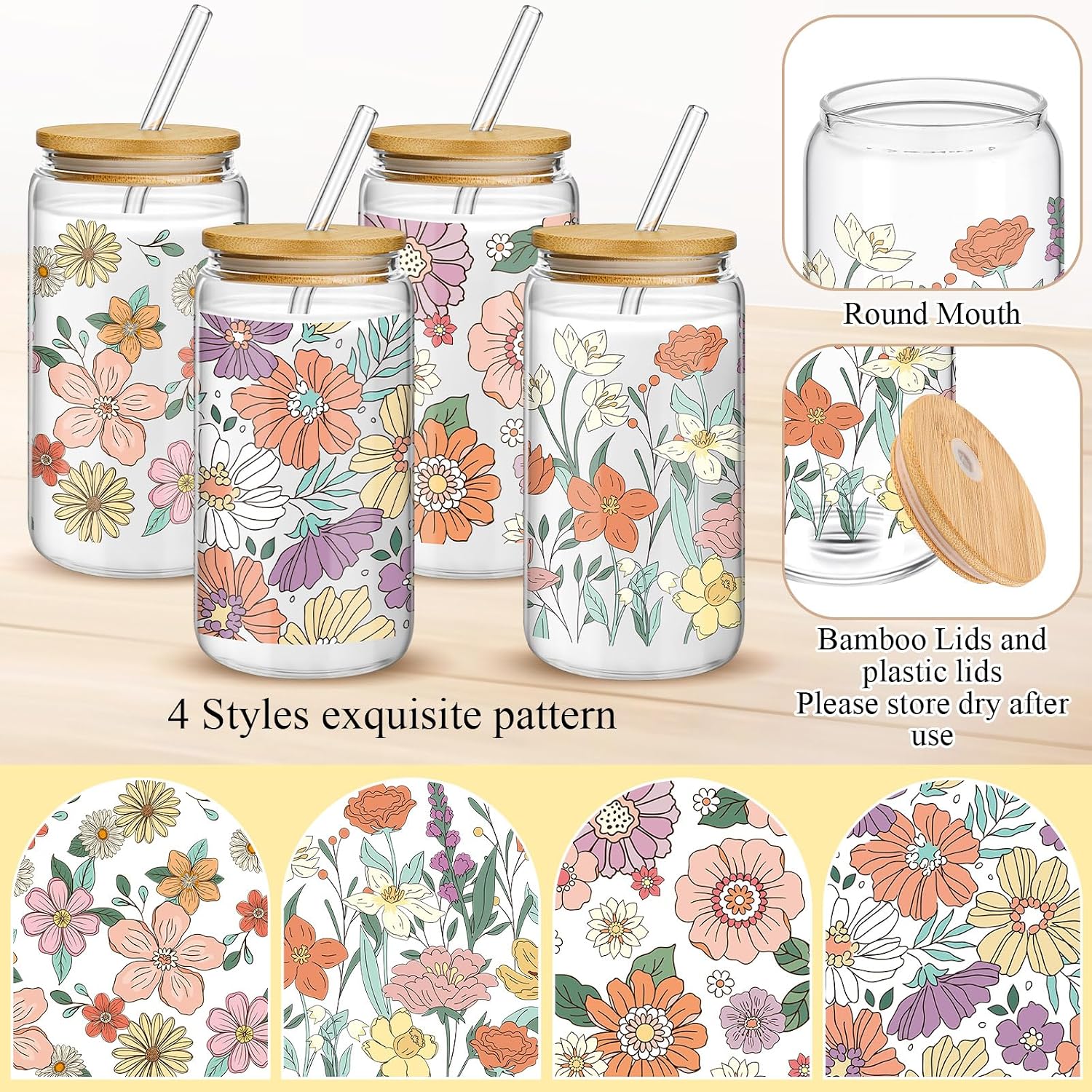 Mumufy 4 Pack Bohemian Flower Glass Cup, 16 oz Tumbler Mug with Bamboo Lid image 3