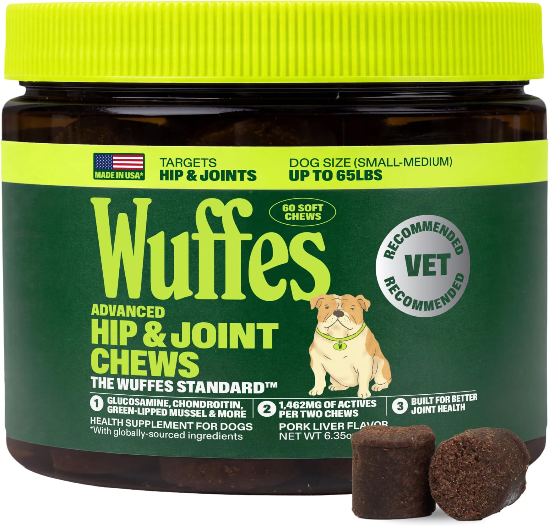 Wuffes Advanced Hip & Joint Chews for Small & Medium Breed Dogs, Vet Recommended, Glucosamine, Chondroitin, MSM, Green-Lipped Mussel & Hyaluronic Acid Supplement, Supports Mobility, 60 Pork Chews