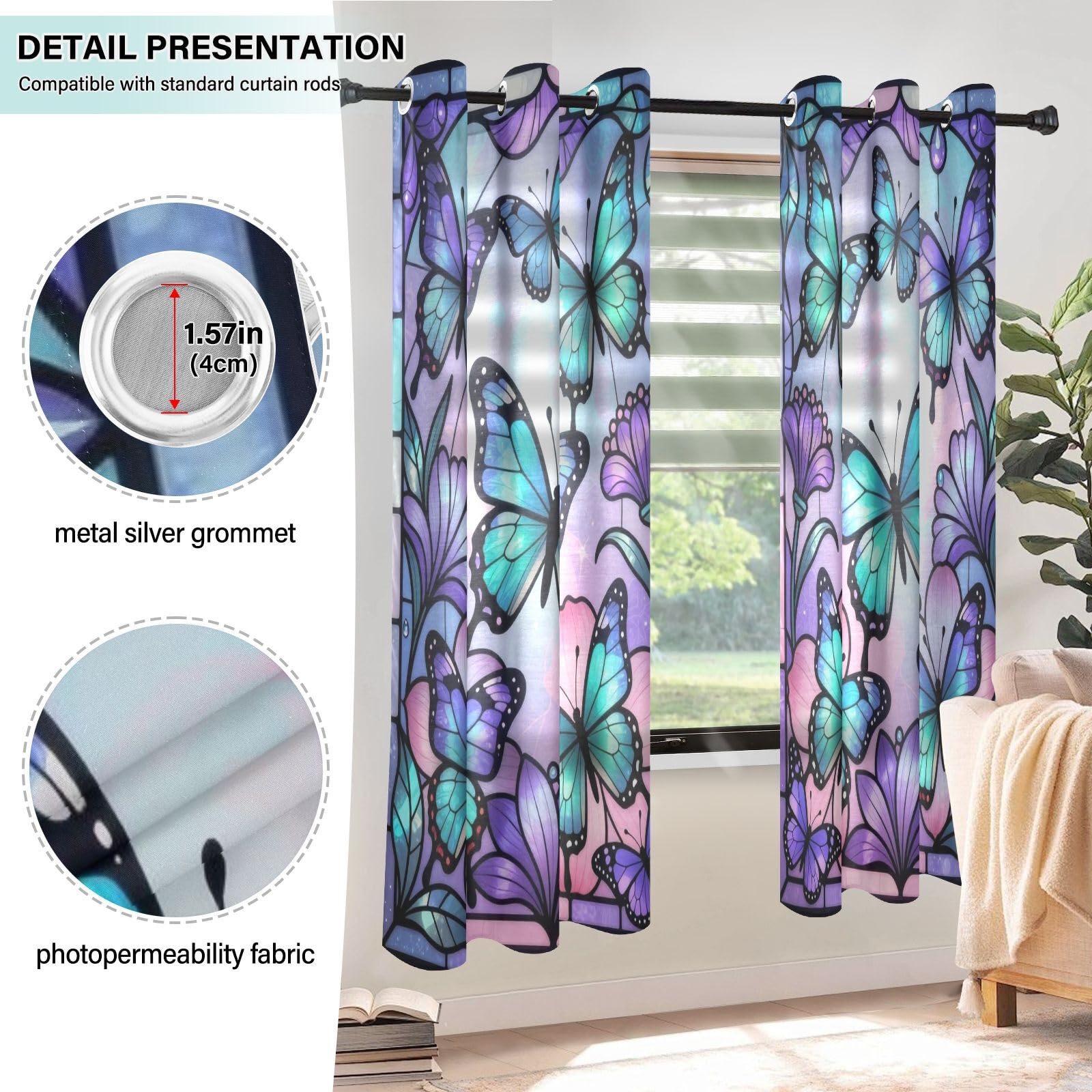 Cortinas opacas decorativas de lino para amantes de las mariposas de ensueño, cortinas opacas para sala de estar, cafetería, juegos de 2 paneles