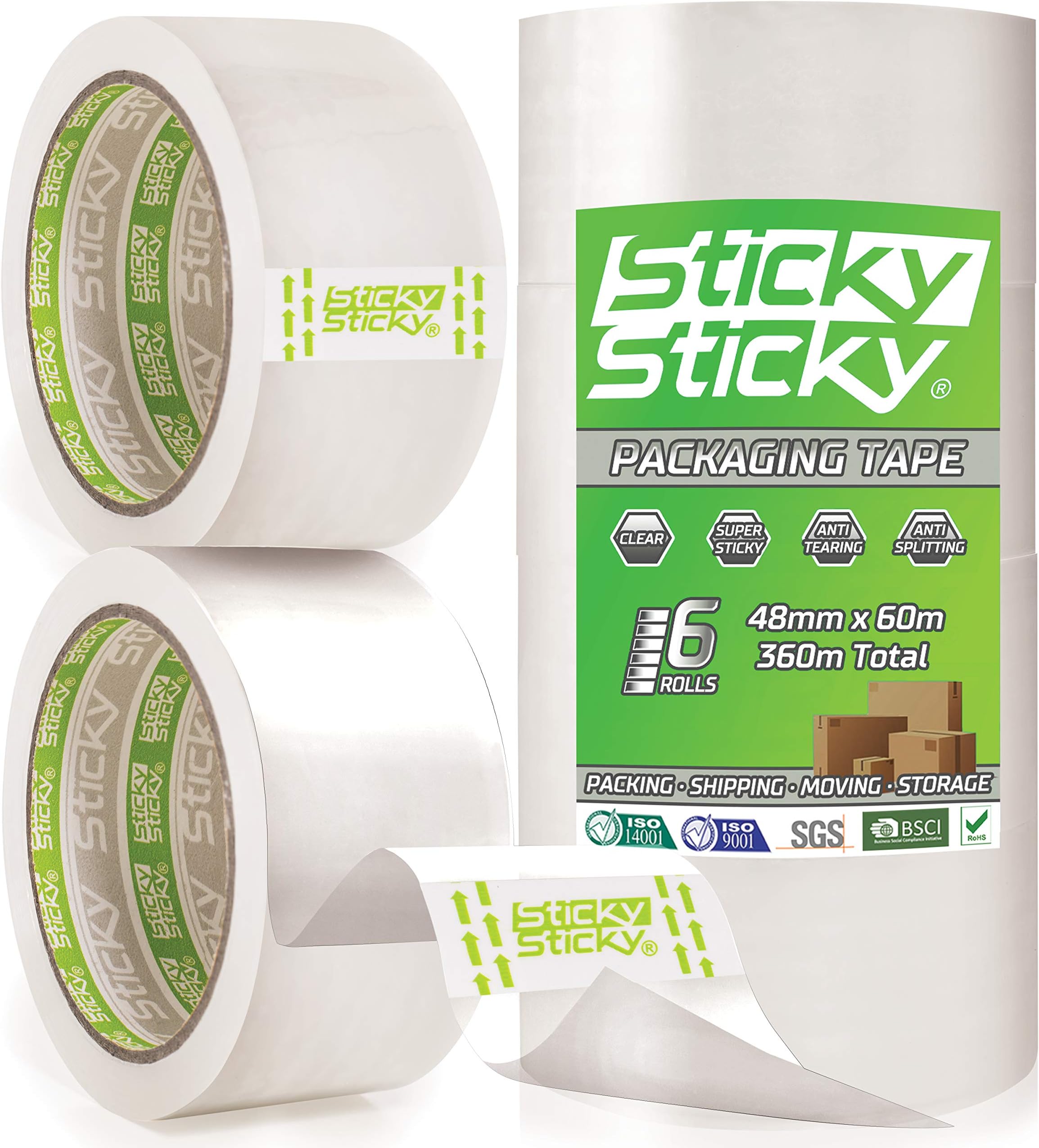 Packing Tape 6 Rolls 48mm x 60m - Clear Parcel for Boxes - Packaging for Moving House - Transparent Shipping Tape for Parcels