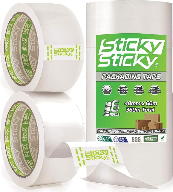 Sticky Sticky Packing Tape 6 Rolls 48mm x 60m - Clear Parcel Tape for Boxes - Packaging Tape for Moving House - Clear Packing Tape - Transparent Shipping Tape for Packing Parcels