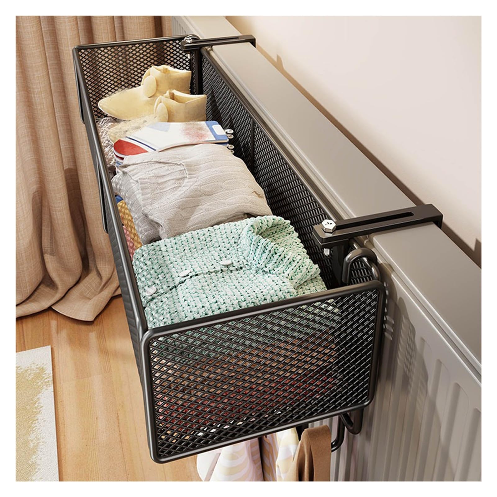 Pxamortel Black Floating Radiator Storage Shelf Rack Wrought Iron Adjustable Radiator Shelf With Hook 45X15x18cm
