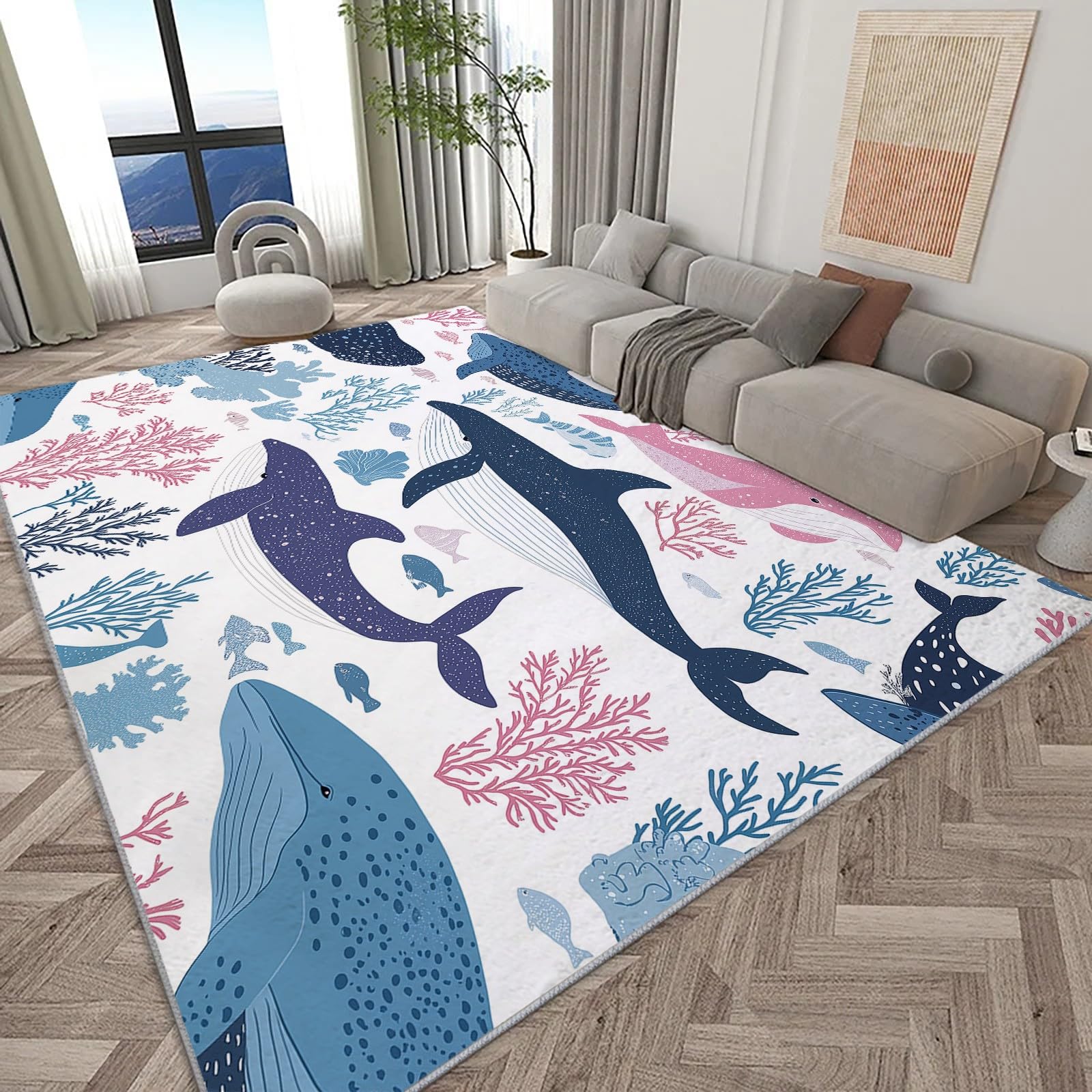 Générique Tapis Intérieur 80x150cm Thème Océan Baleine Tapis Salon Lavable, Tapis de Chambre Moderne à Poil Ras, Antidérapant et Résistant, Tapis Sol Décor À La Maison