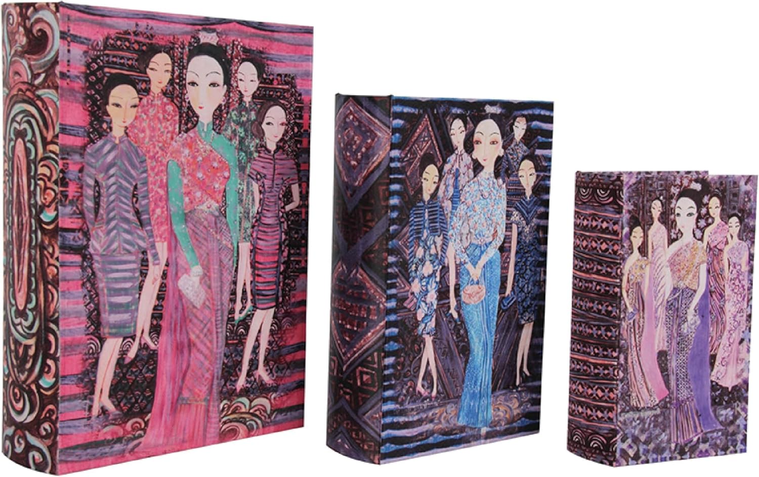Benzara Meer Faux Book Storage Box Set of 3, Pink Black Fashion Illustrations, Silk