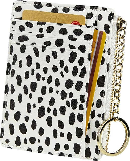 Women's 8 Cards Slim Minimalist Card Holder Coin Changes Purse Keychain Front Pocket Wallet, White Dot