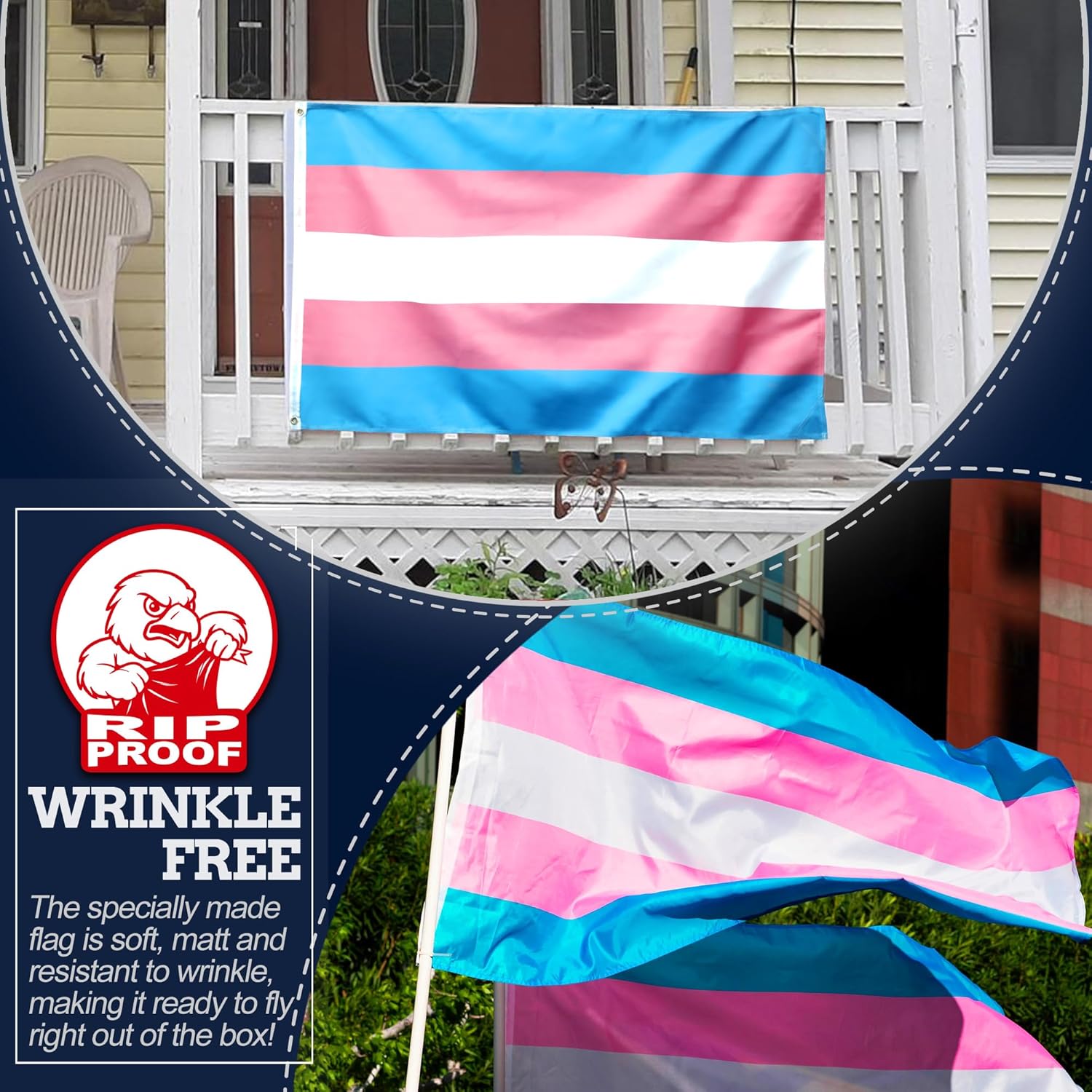 Anley Rip-Proof Double Sided 3-Ply Transgender Flag 3x5 Foot - Vivid Color, Canvas Header and Wrinkle Resistant - The Strongest, Longest Lasting LGBT Pride Month Parade Flags 3 X 5 Ft