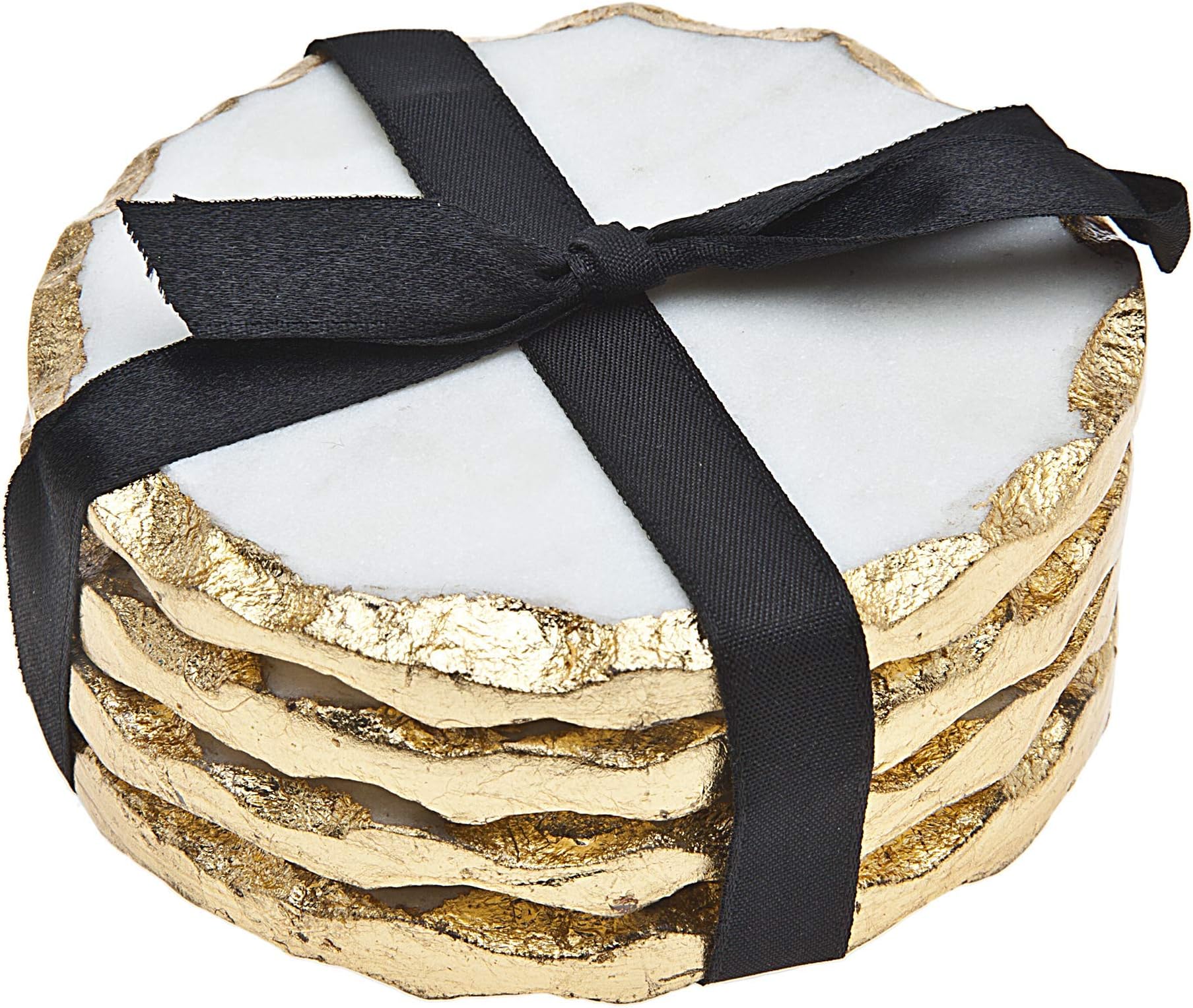 Godinger Round Coasters Gold Edge, Marble Coaster Set, Table Protection, Set of 4