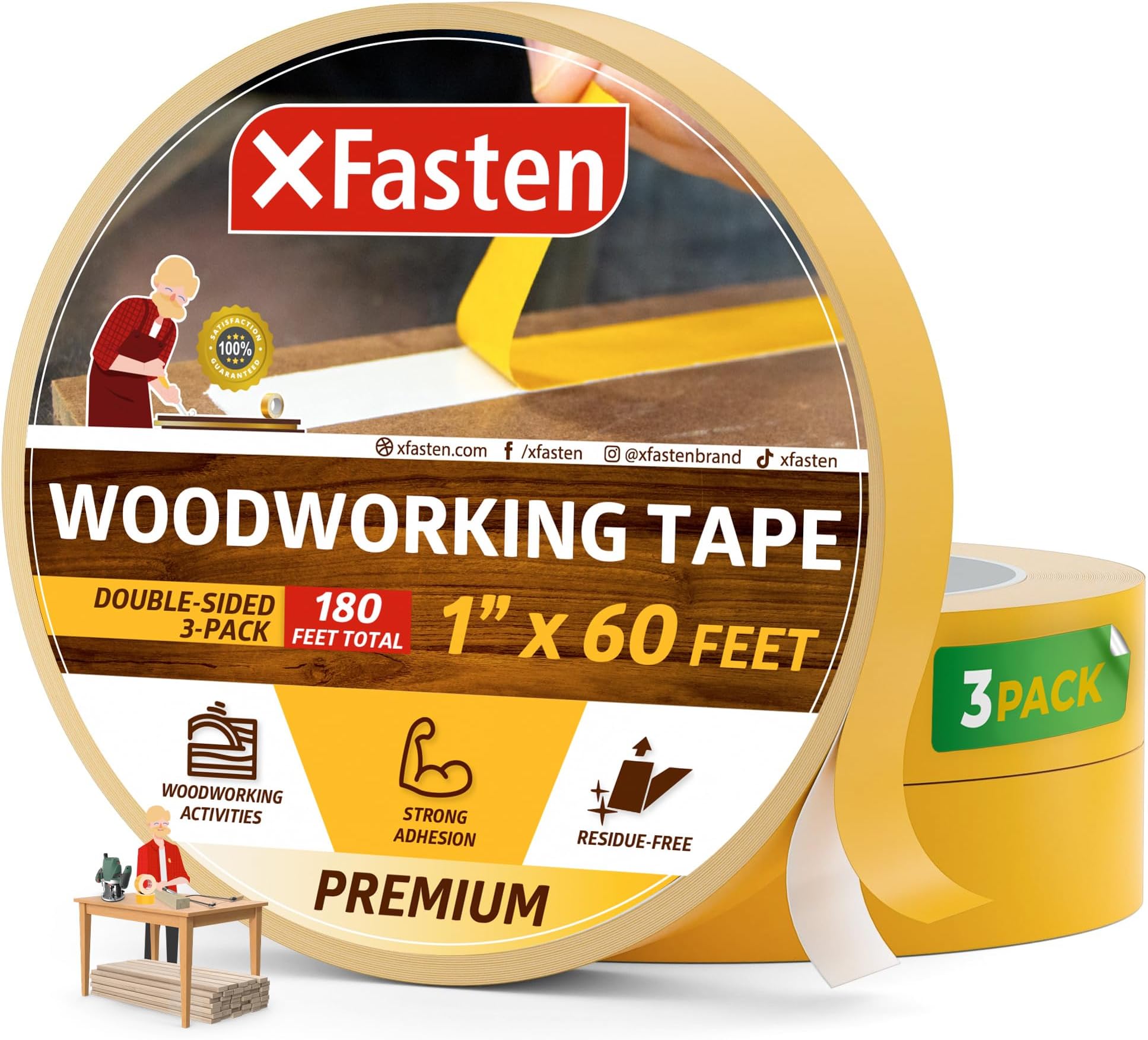 XFasten Double Sided Woodworking Tape 1 Inch x 180 (3-Pack) - Double Face Woodworker Turner's Tape for Wood Template, Edge Banding, Routing, Anchoring, Strong Adhesion but Removable and Residue Free