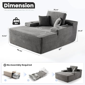 ovios 67'' Chaise Lounge Chair Indoor, Oversized Upholstered Boneless Sofa Bed with Cup Holders, Deep Seat Sleeper Couch, Plush Cloud Sofas Couches for Living Room (Corduroy, Grey)