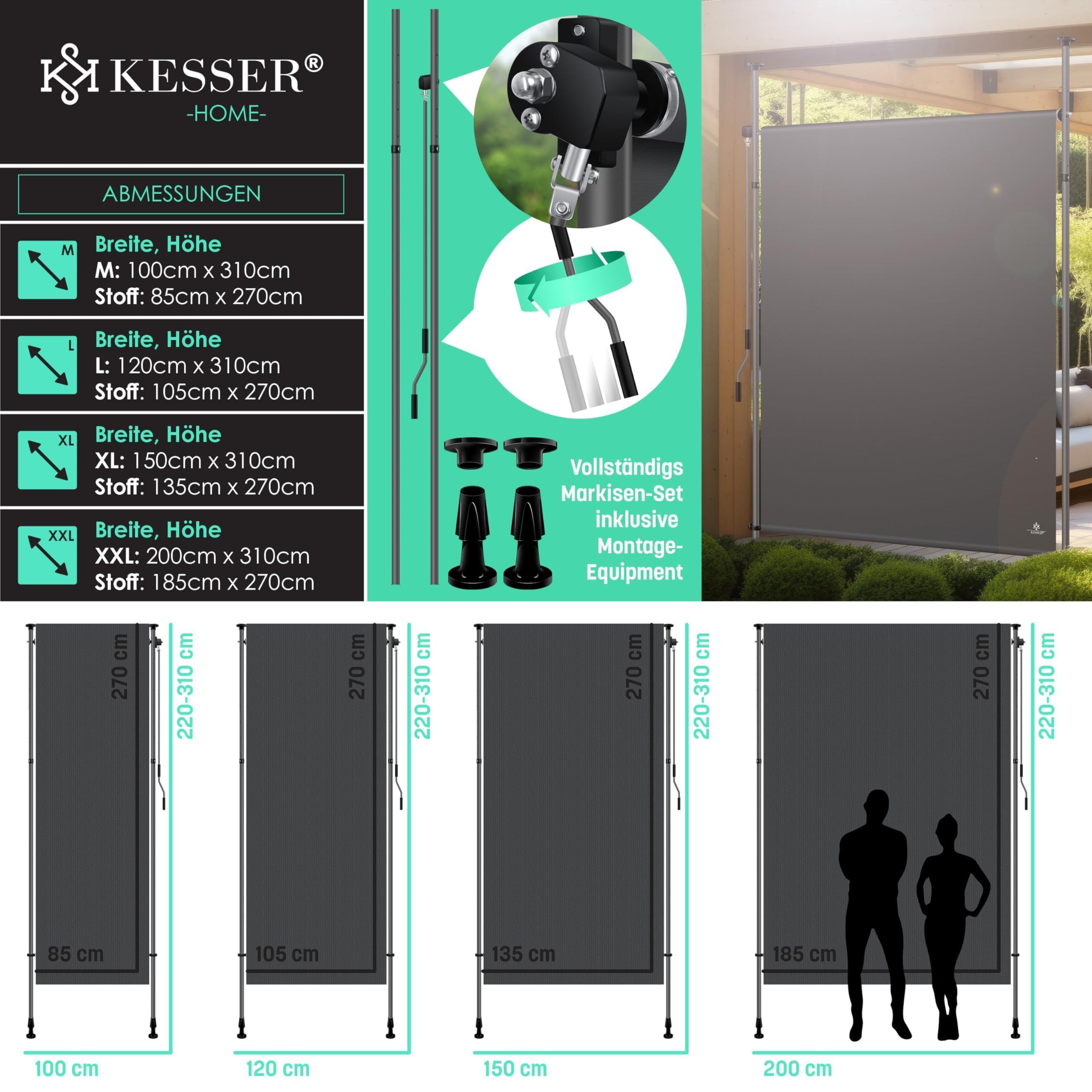 KESSER® Toldo de sujeción de 200 x 310 cm, para jardín, balcón, protección visual, resistente a la intemperie, al viento y al sol, toldo vertical con manivela sin taladrar, extensible, impermeable y