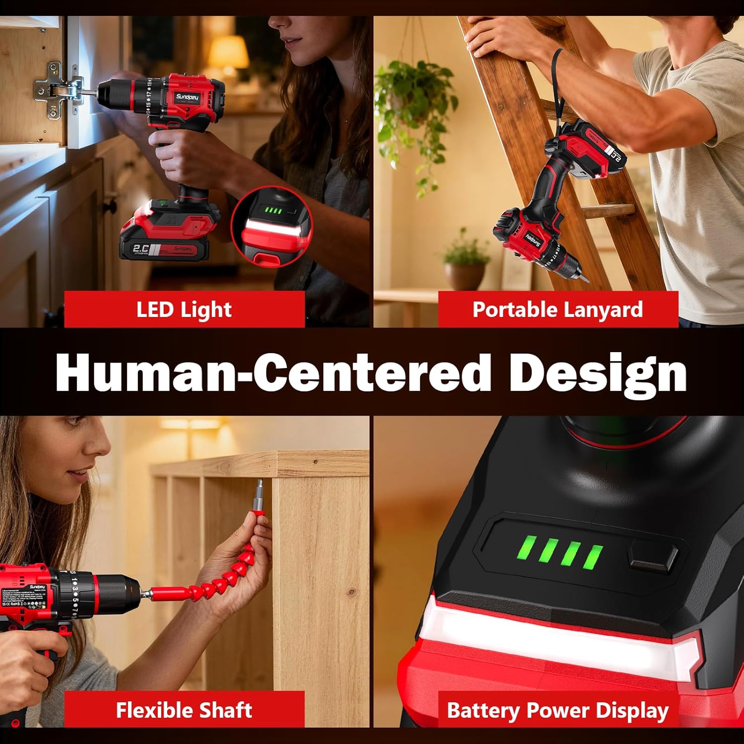 Sundpey Cordless Power Drill Set - 620in-lbs 23+3 Brushless Electric Drill w/ 2 × 2.0Ah Battery & LED Light & 3/8" Metal Chuck & Fast Charger - Electric Screwdriver for Home DIY Woodworking Men Women