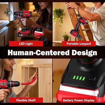 Sundpey Cordless Power Drill Set - 620in-lbs 23+3 Brushless Electric Drill w/ 2 2.0Ah Battery & LED Light & 3/8 Metal Chuck & Fast Charger - Electric Screwdriver for Home DIY Woodworking Men Women