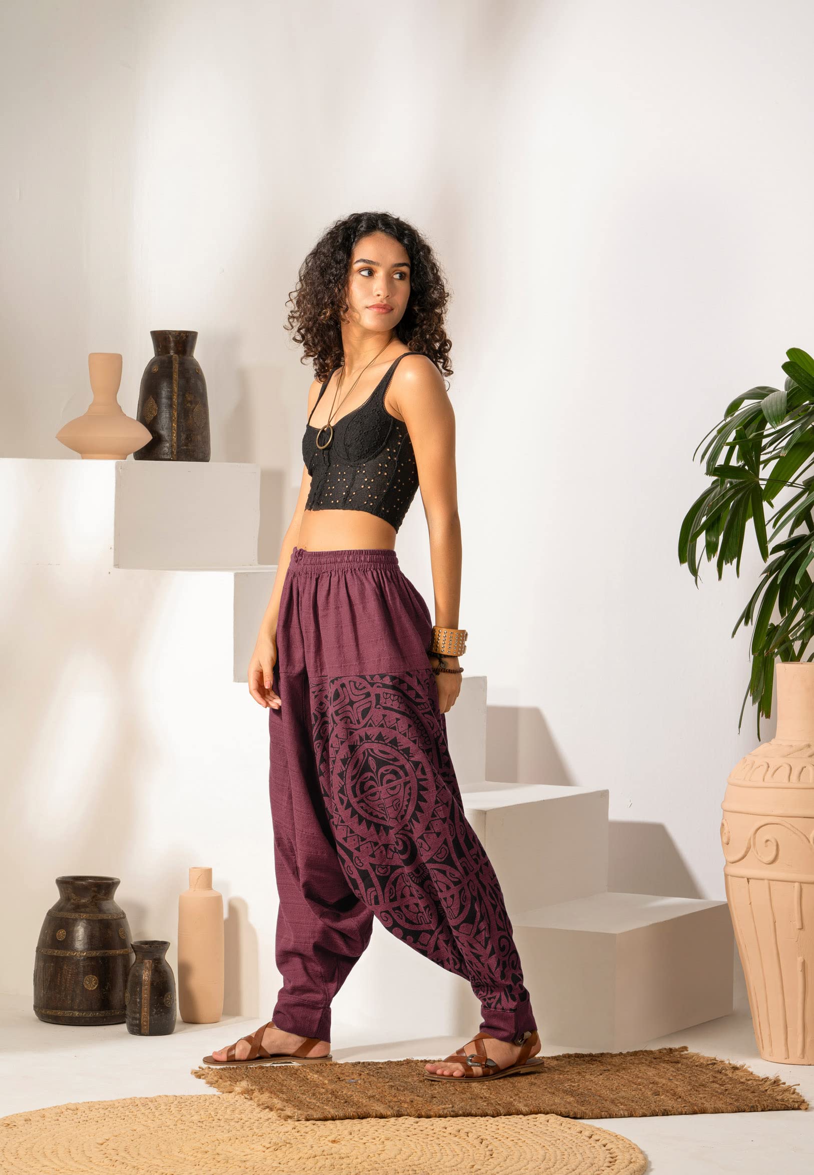 The Veshti Company Women's Hippie Style Drop Crotch Printed Baggy Boho Pants, Oversized Yoga Tribal Harem Pant for Women, Purple - Mythical Mana, M 2