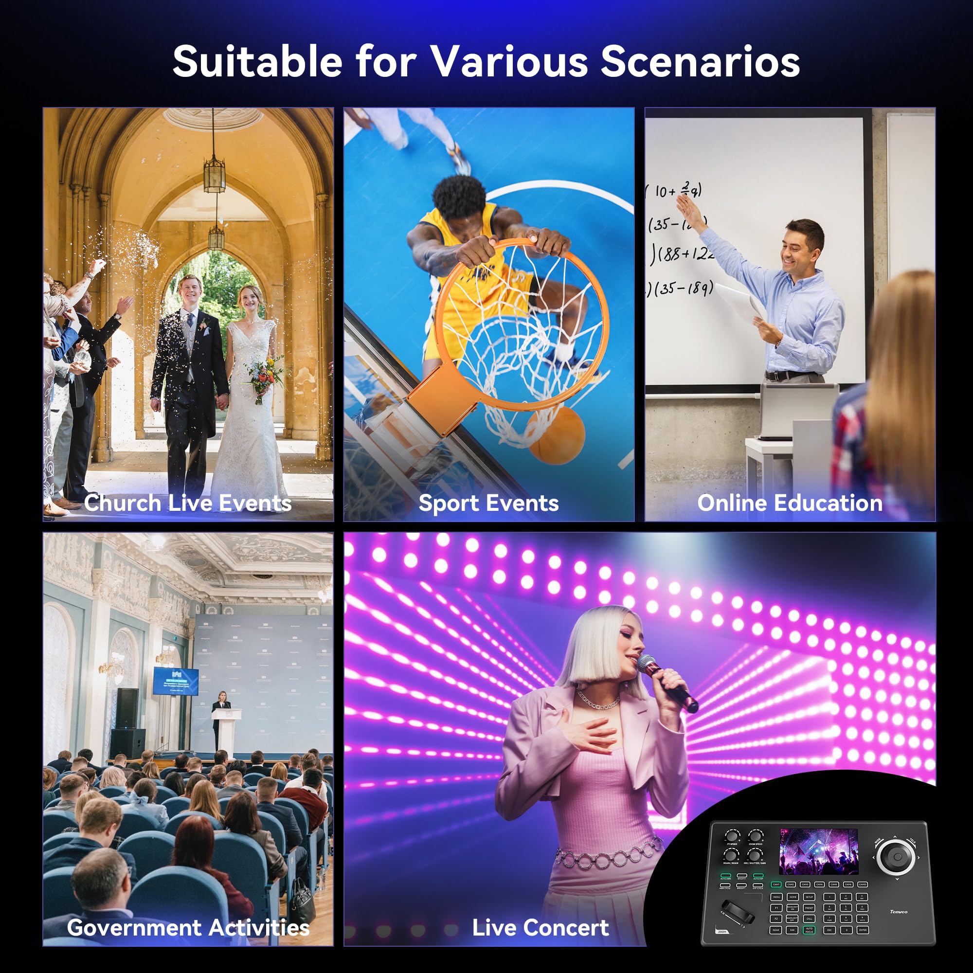 Tenveo Kit Telecamera PTZ e Controller - 2 Telecamere NDI PTZ 4K con Auto-Tracking AI 20X, SDI/HDMI/USB3.0/LAN(PoE) e Controller Joystick NDI con Screen da 5” + PoE Switch per Live Streaming