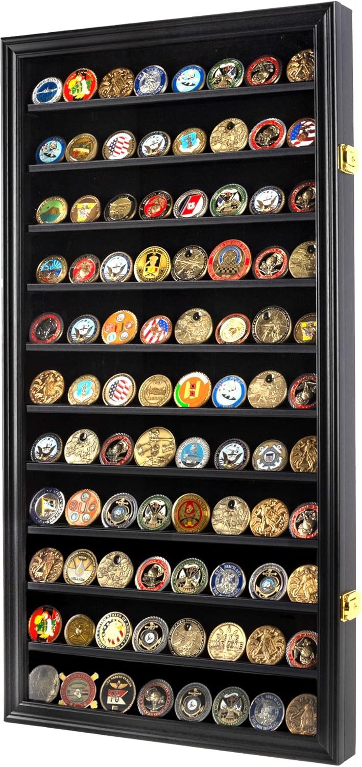 DisplayGifts Military Challenge Coin Display Case Poker Chips Holder Wall Cabinet Showcase Rack Black Finish 29