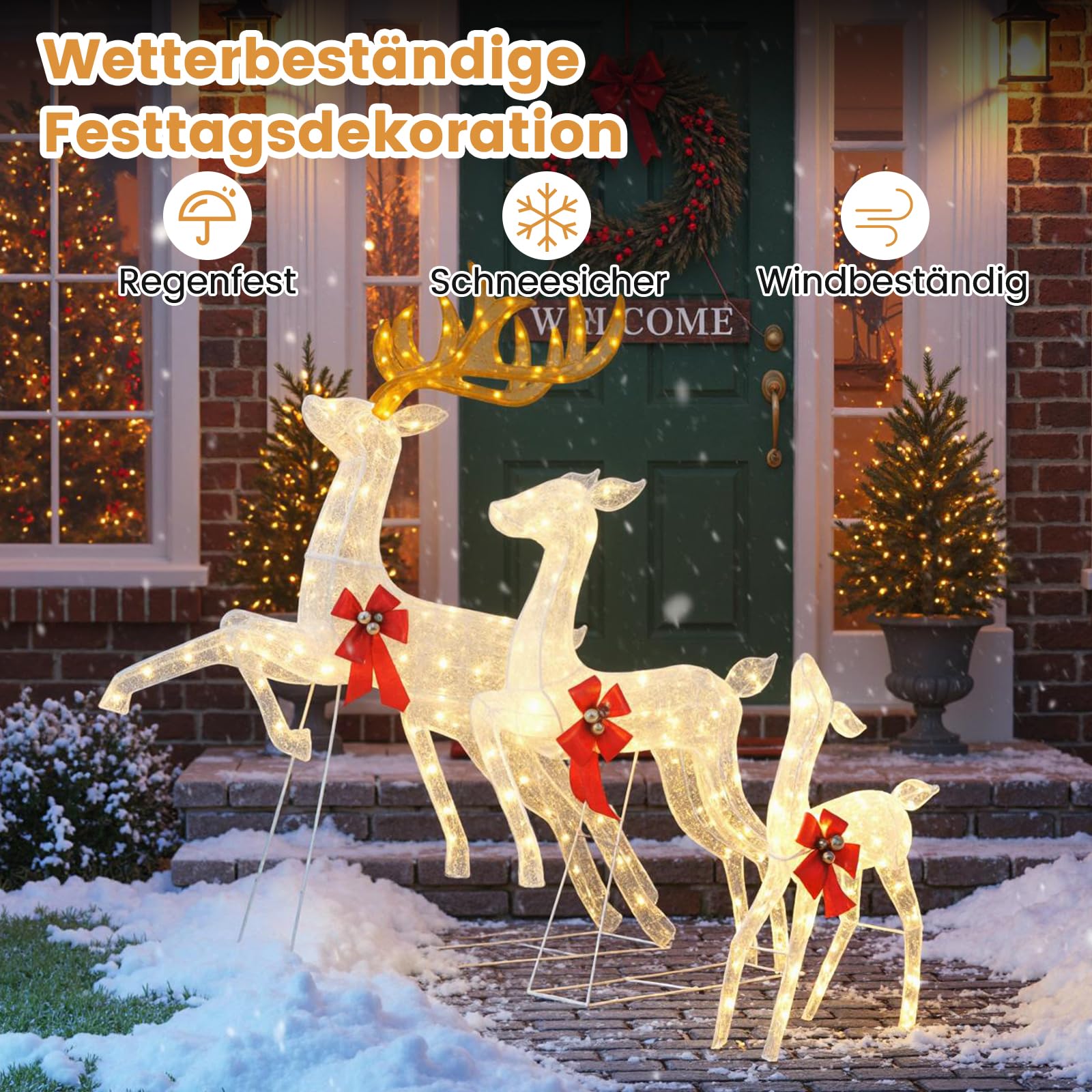 COSTWAY 3 teiliges LED Rentier Familie groß, beleuchtete Weihnachtsdeko XXL, Weihnachtsfigur mit 330 warmweißen Lichtern & Schleifen, Weihnachtsbeleuchtung, Weihnachtsdekoration für Außen & Innen
