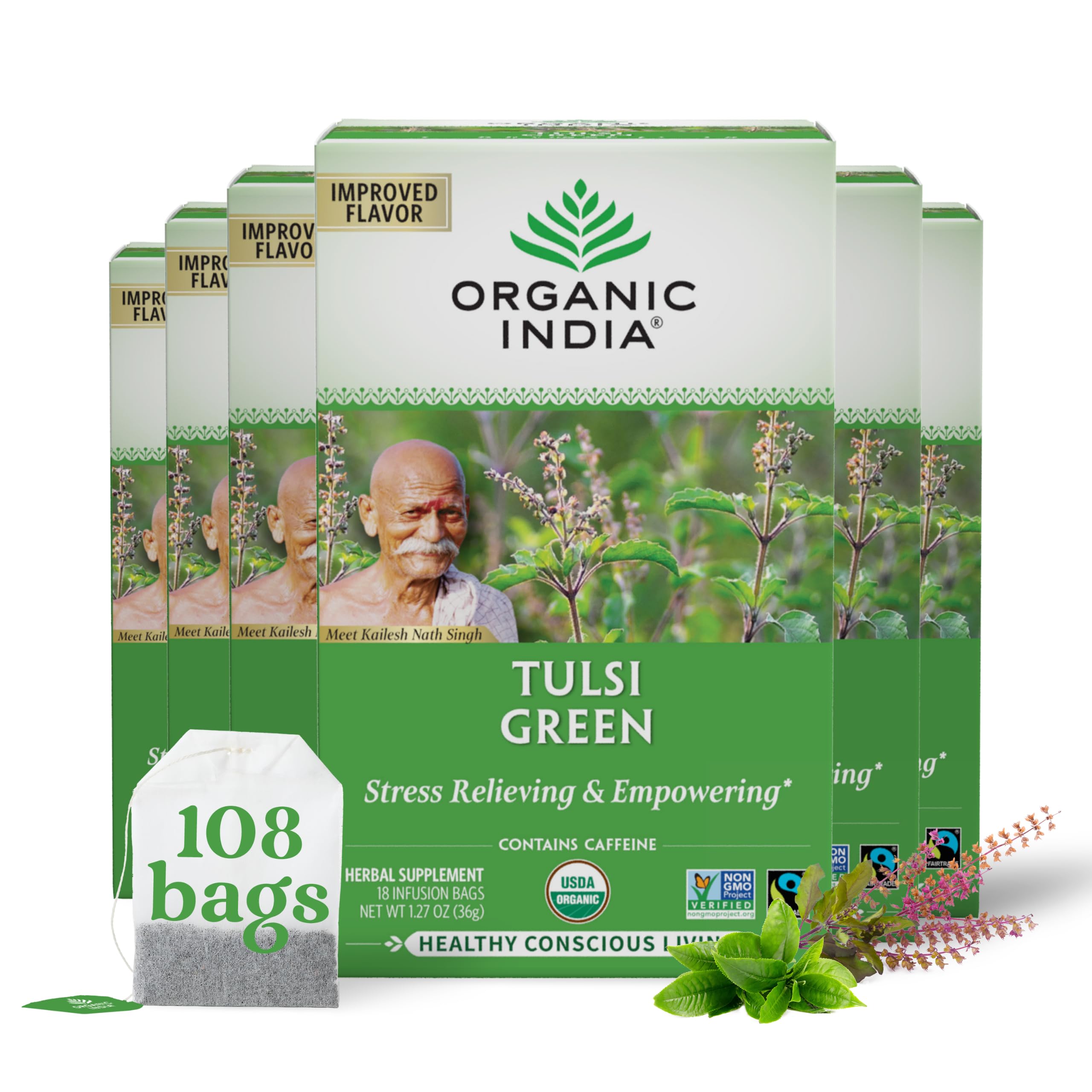 Organic India Tulsi Green Tea Bags - Holy Basil Tea, African Basil, Stress Relieving, Immune Support, USDA Certified Organic, Premium Darjeeling Green Tea, Caffeinated - 18 Infusion Bags, 6 Pack