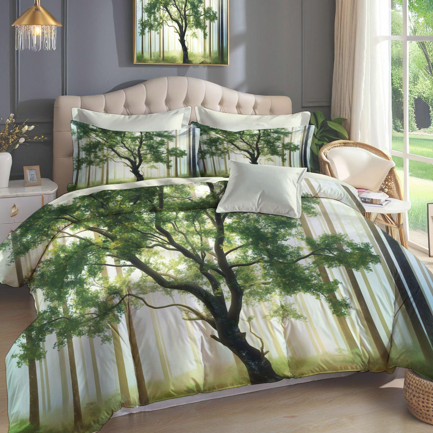 Parure de lit 240x260 forêt brumeuse avec housse de couette et taies