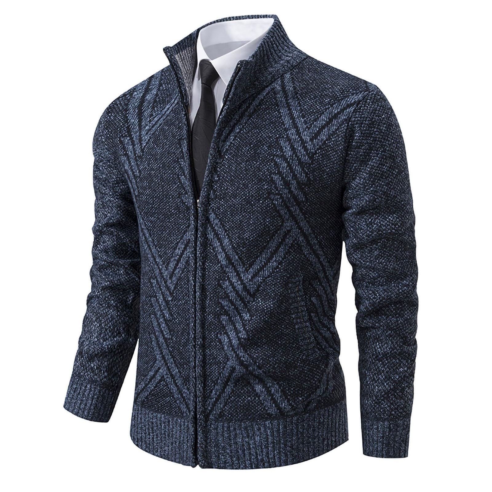 Dgoopd Cardigan Sweaters for Men Zip up Cable Knit Sweater Stand Collar Cardigan Striped Pattern Sweater Casual Outwear