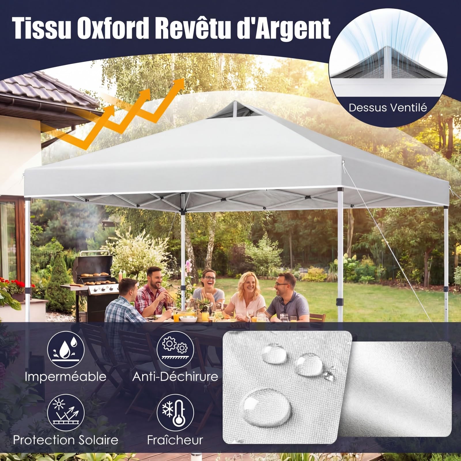 RELAX4LIFE Tonnelle Pliante 3x3 Pop-up, Barnum Pliant 3x3 Facile à Monter, Anti-UV UPF50+, Cadre Métallique, Sacs de Sable, Portable avec Sac à roulettes, pour Camping Marché Événements (Blanc)