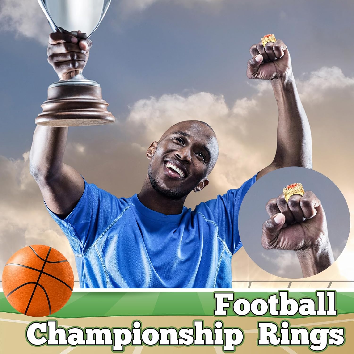 Landical 6 Set Baseball Football Soccer Championship Ring with Display Case and Stand Holder Championship Ring Case Acrylic Display Box and Holder Champion Trophy Rings for League Winner
