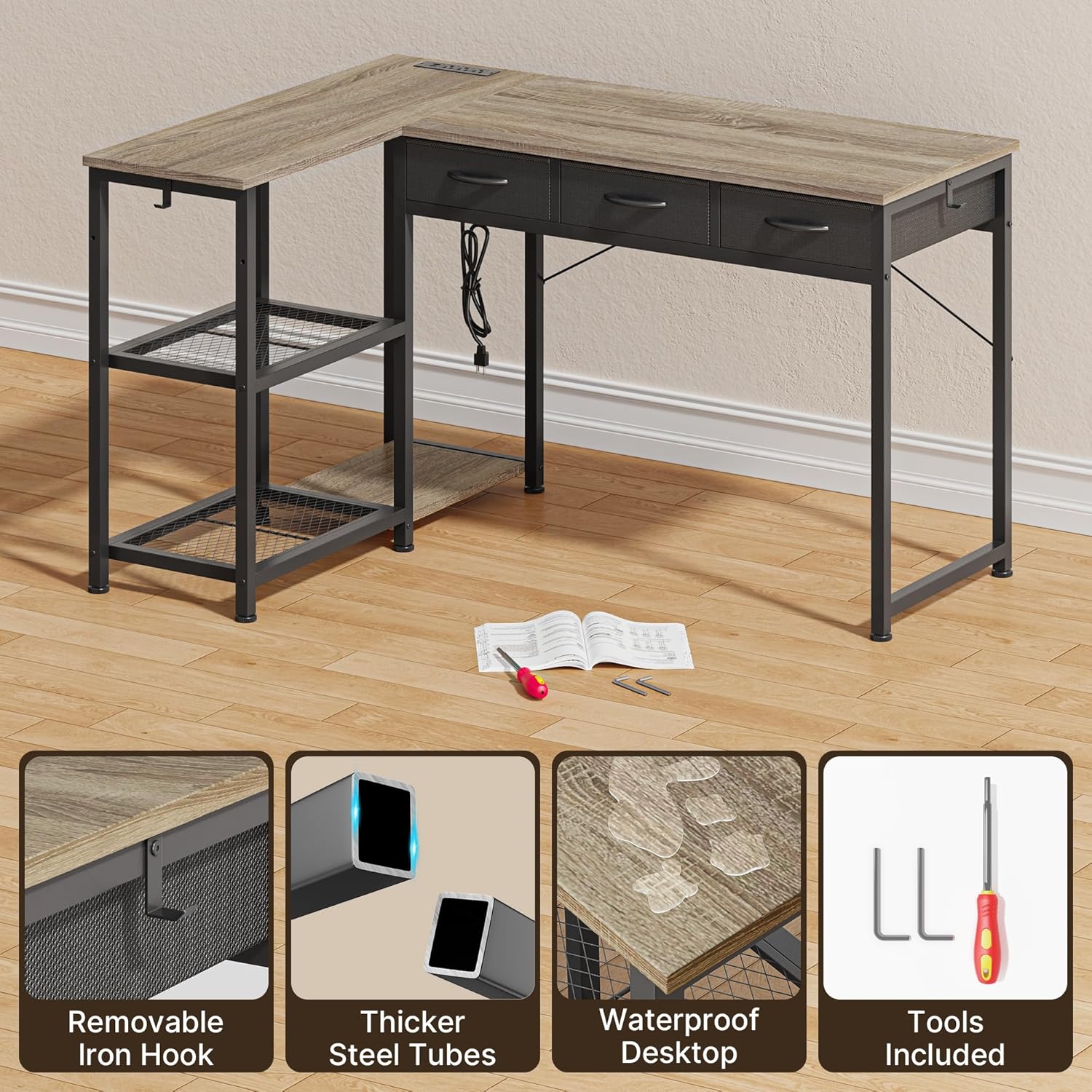 Gizoon 53 Inch L Shaped Computer Desk with Drawers, Corner Desk with Power Outlets & Reversible Storage Shelves with CPU Stand and 2 Hooks for Home Office Gaming (Grey)