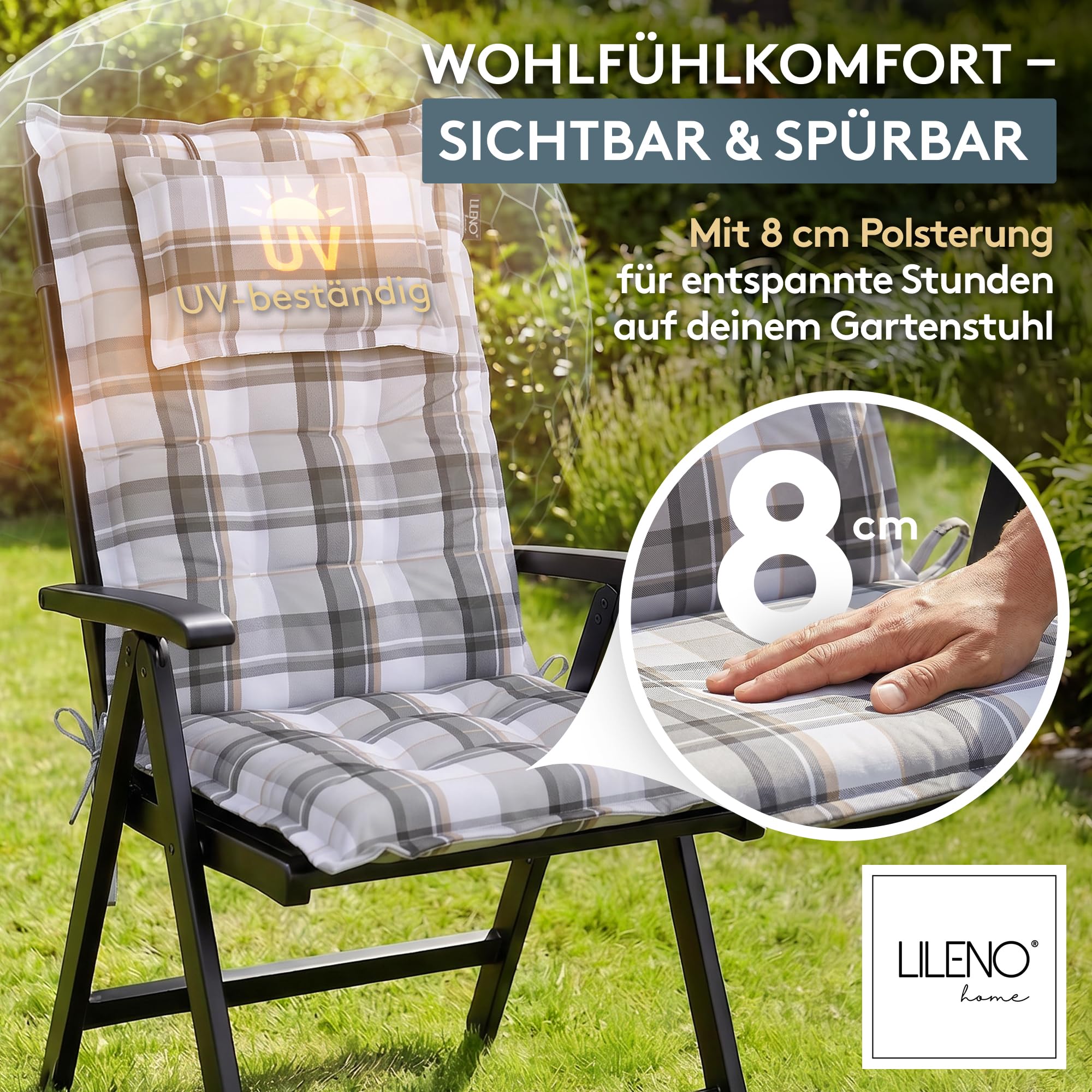 LILENO HOME Gartenstuhl Auflagen als [2er Set - Hochlehner] in Karo Grau Y - Bequeme Liegen als Sitzauflagen für Gartenmöbel - Stuhlkissen für Gartenstühle und Klappstühle MAR