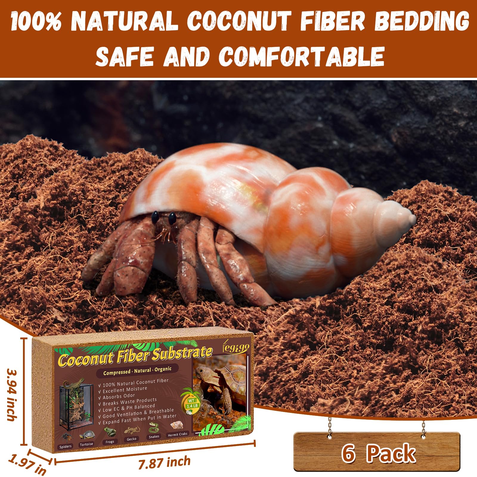 Legigo 6 Pack Compressed Coconut Fiber Substrate - 100% Organic Coconut Fiber Brick Bedding for Reptiles, Natural Coco Husk Substrate Terrarium Bedding for Snake, Hermit Crabs, Frogs, Tortoise, Gecko - image 2