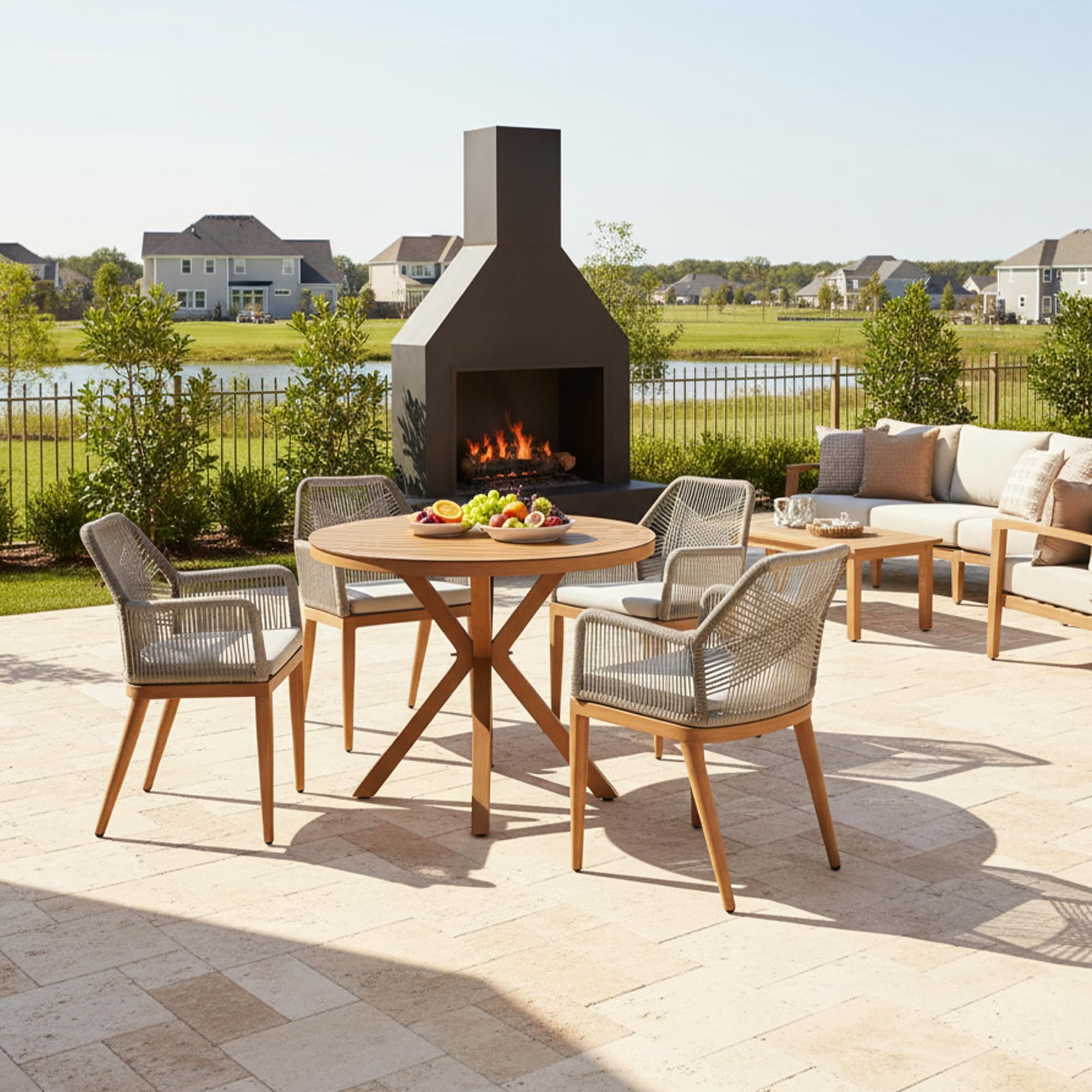 PURPLE LEAF Round Patio Dining Set 5 Pieces with Cushion and Armrests, Teak