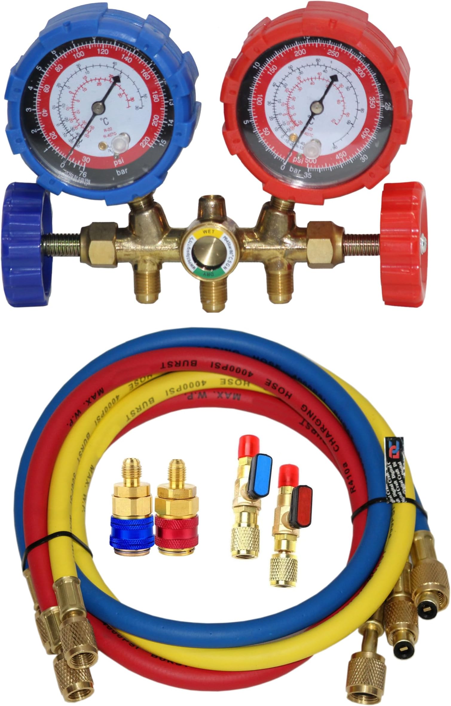 Digital Craft Manifold Gauge Set for Air Conditioning & Refrigeration – AC Service Tool Compatible with R12, R22, R404A & R134A, Includes Small Quick Coupler & 1/4" Male to 5/16" Female Adapter