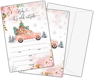Christmas Baby Shower Invitations with Envelopes(25-Pack), 4"x6" Floral Double-Sided Fill-In Party Invites, Winter Animal Girl Baby Shower Party Decorations Supplies Favors - C01