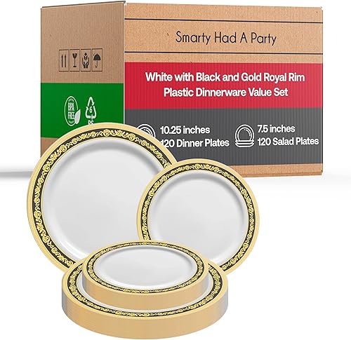 Elegantes platos de plástico desechables, 240 unidades, 120 platos de cena resistentes, 120 platos de ensalada de postre, color blanco con borde