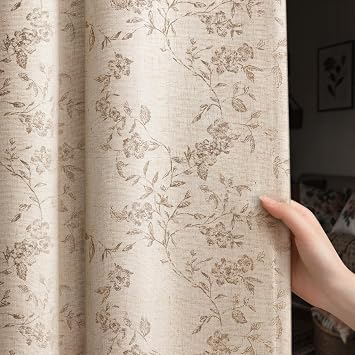Floral Blackout Curtains Vintage Farmhouse Linen Beige 52W*84L
