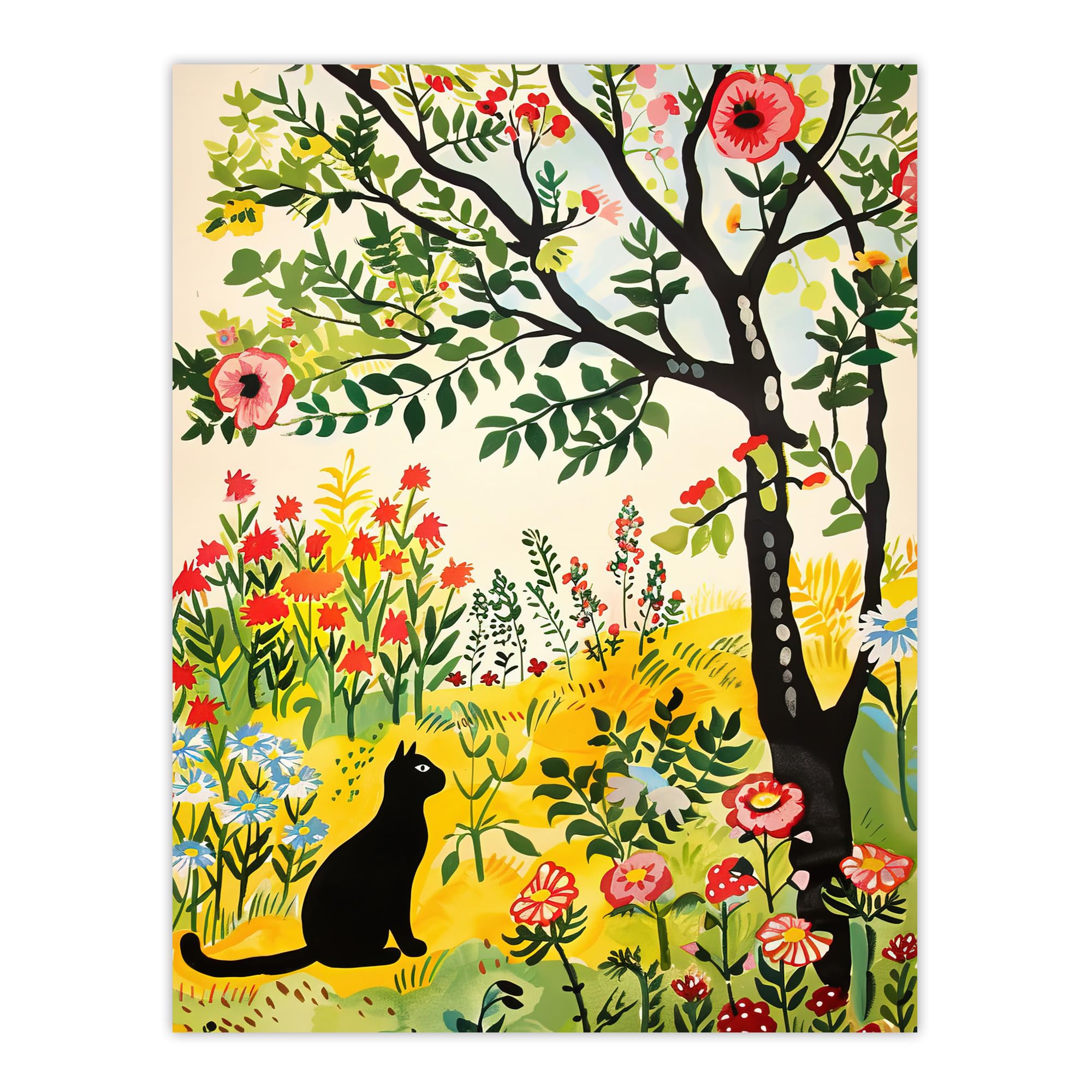 Artery8 - Folk Art Painting - Cat Under Tree in Wildflowers Wall Art Print - W24 inch x H32 inch