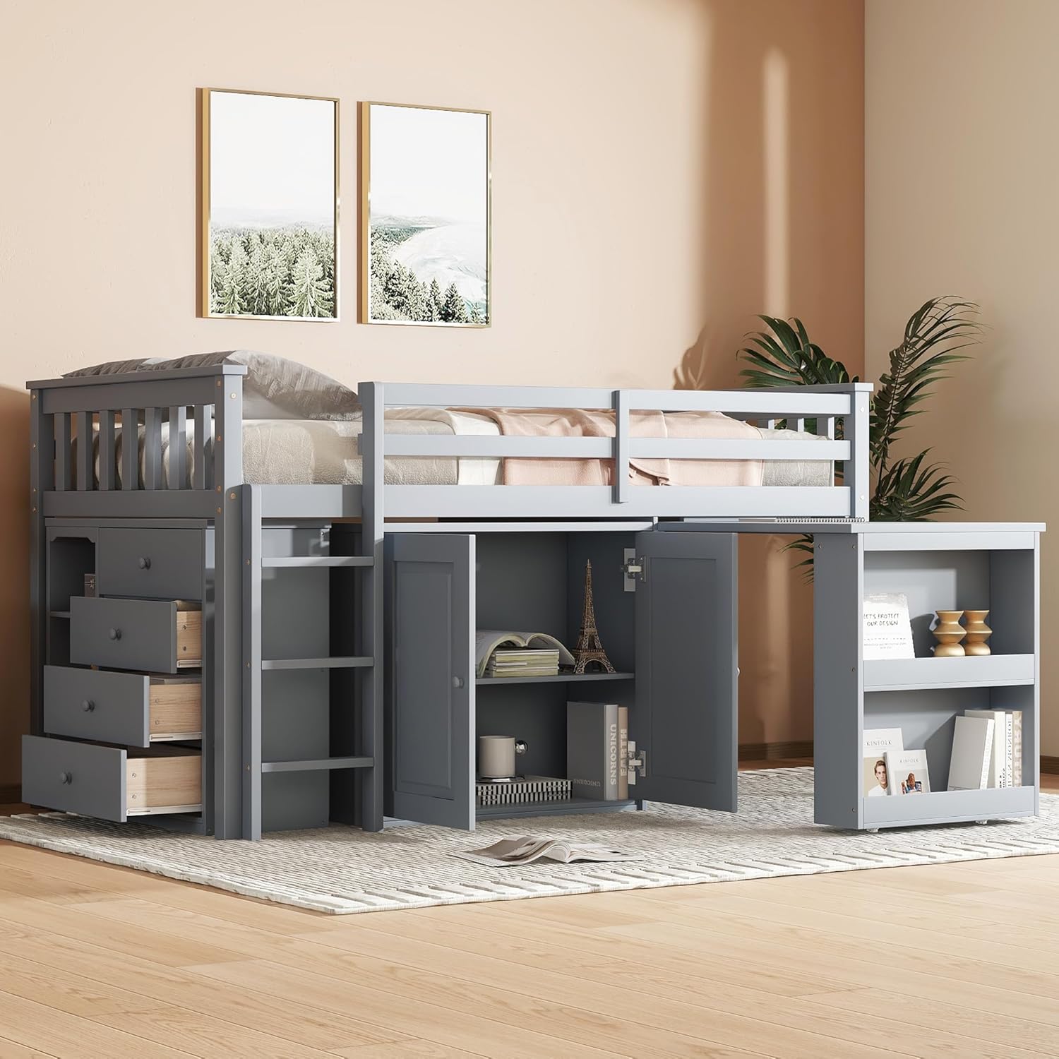 Merax Loft Bed Twin Size with Pull Out Desk, Low Loft Bed with Underneath Cabinet, 3 Side Drawers and Shelves, Wood Bed Frame with Guardrails and Ladder, Wood Slat Support, No Box Spring Need, Gray