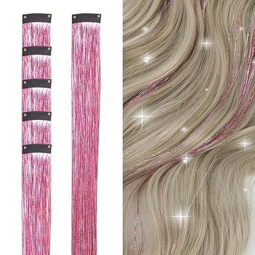 Miniatura 1 de LOMIMOS 6 clips de oropel de pelo rosa, extensión sintética brillante brillante con clip en el cabello para fiesta, deslumbrante, Navidad, Año